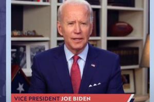 In this screen grab taken from the PBS News Hour website, former vice president and Democratic presidential candidate Joe Biden speaks during a livestreamed town hall on April 28 in Wilmington, Delaware. 