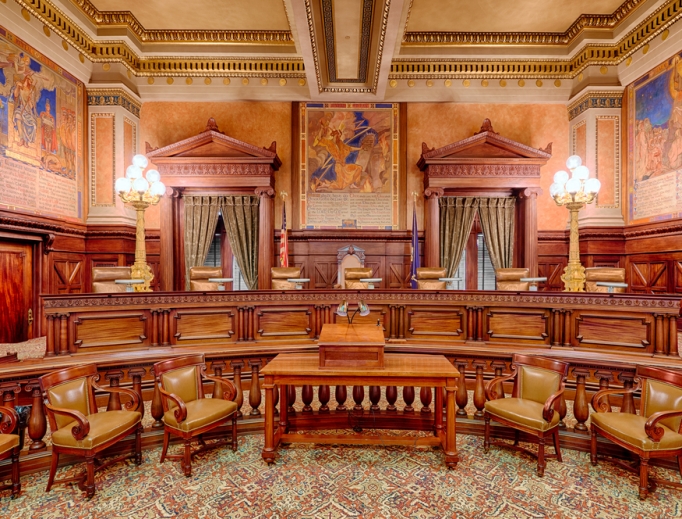 The Supreme Court Chamber in the Pennsylvania State Capitol building in Harrisburg, Pennsylvania. 