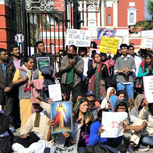 Following a series of attacks on churches in New Delhi, Christians protest government and police inaction Feb. 5. 