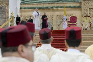 Pope Francis addresses the Moroccan people on the esplanade of the Hassan Tower in Rabat, March 30, 2019. 