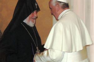 Catholicos Kerekin II, the head of the Armenian Apostolic Church, meets with Pope Francis at the Vatican on May 8, 2014. 