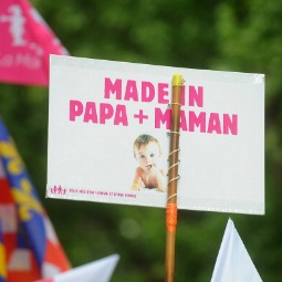  Sign carried during a rally organized by the pro-marriage La Manif Pour Tous organization on May 26, 2013 in Paris. Hundreds of thousands of people participated in the rally. 