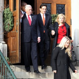 U.S. Rep. Steny Hoyer, D-Md., top left, and incoming Majority Leader Eric Cantor, R-Va., and his wife Diana Cantor leave a private bipartisan prayer service for members of the 112th Congress and their families Jan. 5 at St. Peter's Catholic Church on Capitol Hill.