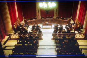 A movie still of a U.S. Supreme Court scene from the Roe v. Wade movie, which is slated for release in the fall 