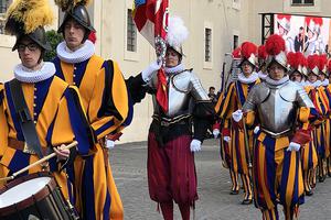 ABOVE AND BELOW: The May 6, 2018, swearing-in ceremony of 32 new Swiss Guards was accompanied by numerous events and ceremonies, including Mass, Vespers, a wreath-laying ceremony and a private papal audience.