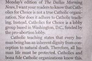 Letter by Bishop Kevin Farrell in The Dallas Morning News in response to Catholics for Choice ad.