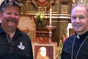 Bishop Paprocki with his cousin Mike Gray at the tomb of Blessed Junipero Serra in Carmel, Calif., where the bishop celebrated Mass.