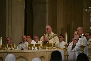 Archbishop Joseph Naumann, joined by Cardinals DiNardo and Seán O’Malley at the vigil Mass ahead of the March for Life 2019.