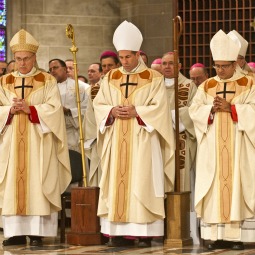 The Archdiocese of Detroit’s new auxiliary bishops bow their heads at the close of their ordination Mass at the Cathedral of the Most Blessed Sacrament in Detroit May 5. Bishops Donald Hanchon, left, and Michael Byrnes, center, both served as priests for the archdiocese prior to their appointments as auxiliary bishops. Bishop Arturo Cepeda had been rector of Assumption Seminary in the Archdiocese of San Antonio. 