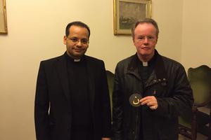 Father Benedict Kiely (r) meets in Rome with Pope Francis’ private secretary, Msgr. Yoannis Lahzi Gaid, a Coptic Catholic priest from Egypt.
