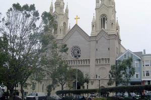 ABOVE: Ss. Peter and Paul in San Francisco. BELOW: (1) St. Vincent de Paul in Los Angeles; (2) St. Paul in San Francisco; (3) St. Vincent de Paul in Los Angeles; (4) St. Teresa, Bodega; (5) and (6) St. Thomas Aquinas, Palo Alto