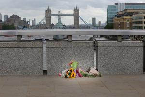 Flowers laid by the public June 5 on London Bridge following June 3 London terrorist attack.