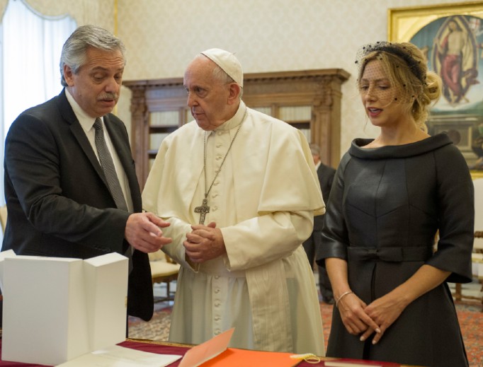 Pope Francis exchanges gifts with Argentina Republic President Alberto Fernández and his domestic partner Fabiola Yáñez during an audience at the Apostolic Palace on Jan. 31 at the Vatican.