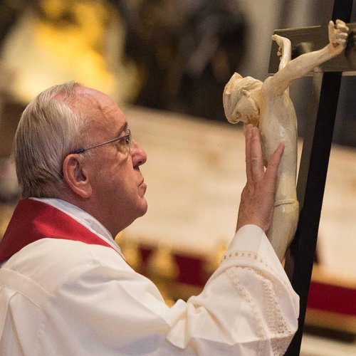 Pope Francis venerates the cross at the liturgy of the Lord's Passion on Good Friday in St. Peter's Basilica on April 3, 2015.