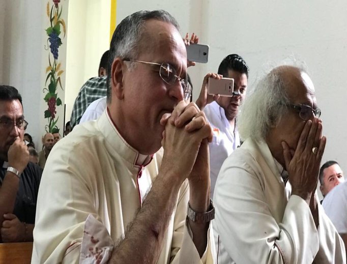 'Praying in the chapel of the Cathedral of Managua today after being attacked,' Bishop Silvio José Baez Ortega tweeted July 9.
