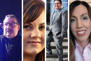 L to R: Father Jean-Marc Fournier, Abby Johnson, Kendrick Castillo and Melissa Villalobos attest to hope. 