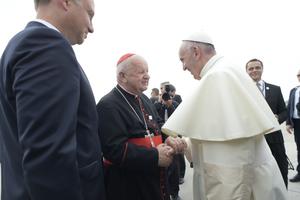 Pope Francis is greeted by Cardinal Stanislaw Dziwisz and President Andrzej Duda upon his arrival for World Youth Day in Krakow, Poland, on July 27.