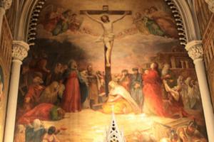The Crucifixion scene by Brumidi fills the apse in St. Stephen/Our Lady of the Scapular Church in Manhattan