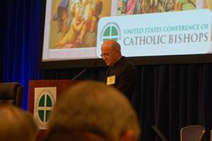 Archbishop Carlo Maria Vigano addresses the U.S. bishops at their 2013 plenary assembly.
