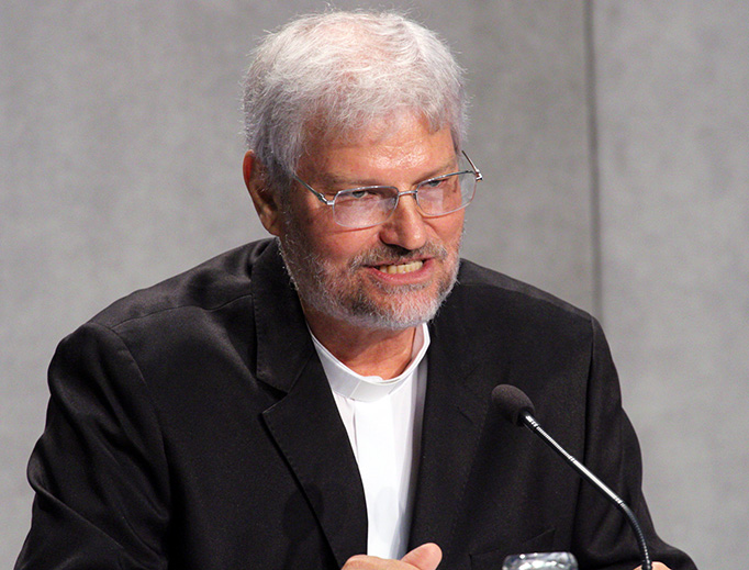 Bishop Evaristo Pascoal Spengler of Marajó, Brazil, speaks at the Vatican media conference Oct. 25.