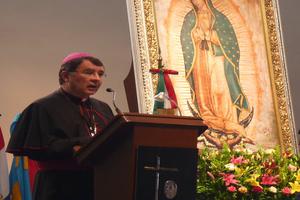 Archbishop Christophe Pierre, apostolic nuncio to Mexico, speaks at the Shrine of Our Lady of Guadalupe during a conference entitled "Our Lady of Guadalupe, Star of the New Evangelization on the American Continent," on Nov. 16, 2013. 