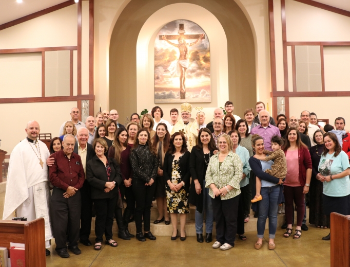 Above, the Melkite Greek-Catholic community at St. Kilian Catholic Church in Mission Viejo, California, with Bishop Nicholas Samra. Below, celebration of the Divine Liturgy.