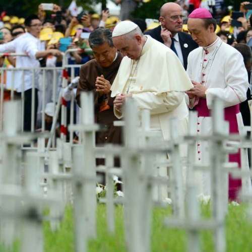 Pope Francis prays Aug. 16 at a memorial for aborted children located at a cemetery in Kkottognae, South Korea.