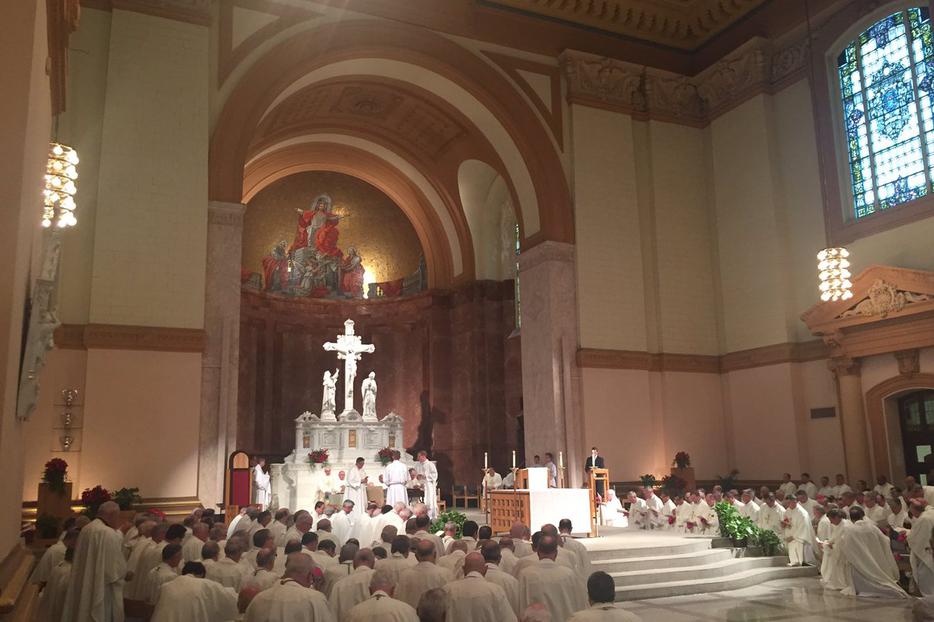 The bishops of the United States kneel in prayer asking for forgiveness for clergy abuse.