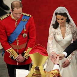 'I GIVE THEE MY TROTH'. Britain's Prince William and Kate Middleton stand before the Archbishop of Canterbury, Rowan Williams, during their wedding ceremony in Westminster Abbey, in central London April 29.