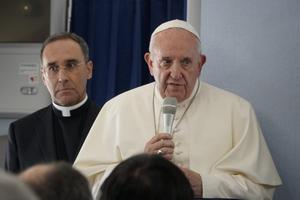 Pope Francis during an in flight press conference on the papal plane, Nov. 26, 2019. 