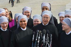 Little Sisters of the Poor gather outside the Supreme Court where oral arguments were heard on March 23, 2016, in the Zubik v. Burwell case. 
