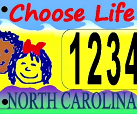 Detail of North Carolina 'Choose Life' plate.