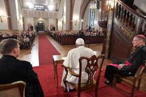 Pope Francis speaks in St. James Catholic Cathedral in Riga, Latvia, Sept. 24. 