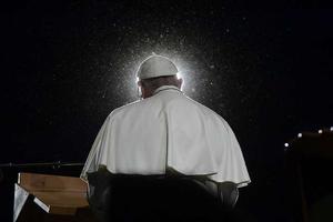 Pope Francis speaks during an ecumenical gathering at Malmo Arena in Lund, Sweden on Oct. 31.