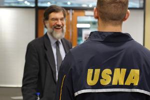 A Naval Academy midshipman speaks with Michael Gorman after his lecture entitled, 'True for Me but Not for You? Moral Relativism and Public Life.'
