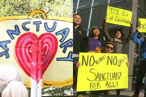 Above left, ‘Sanctuary’ sign at ‘La Marcha de Mayo’ in New York May 6. Above right, protesters hold up signs April 14 outside a San Francisco courthouse where U.S. district court Judge William Orrick heard arguments in the first lawsuit challenging President Donald Trump’s executive order to withhold funding from communities that limit cooperation with immigration authorities. 