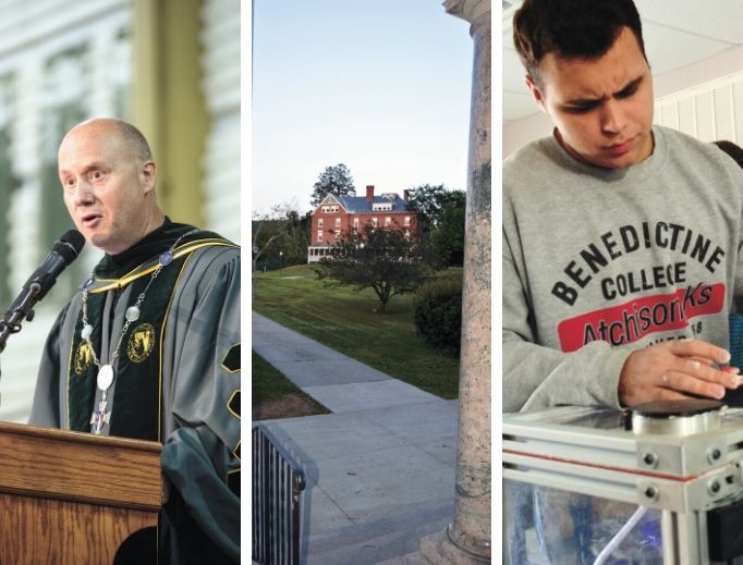 L to R: Franciscan Father David Pivonka, shown delivering his inaugural address Oct. 4, took the helm of Franciscan University of Steubenville, as the East Coast campus of Thomas Aquinas College opened on Aug. 24, and Benedictine College committed more to STEM sciences, including engineering. 