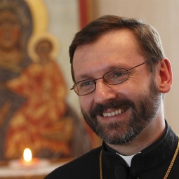 Ukrainian Archbishop Sviatoslav Shevchuk of Kiev-Halych, the new head of the Ukrainian Catholic Church, is seen during an interview with Catholic News Service in Rome March 30.
