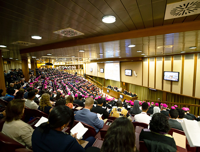 Pope Francis leads the introductory prayer and delivers his greeting on the opening day of the 15th Ordinary General Assembly of the Synod of Bishops in the Vatican Synod Hall on Oct. 3, 2018. Pope Francis leads the introductory prayer and delivers his greeting on the opening day of the 15th Ordinary General Assembly of the Synod of Bishops in the Vatican Synod Hall on Oct. 3, 2018.