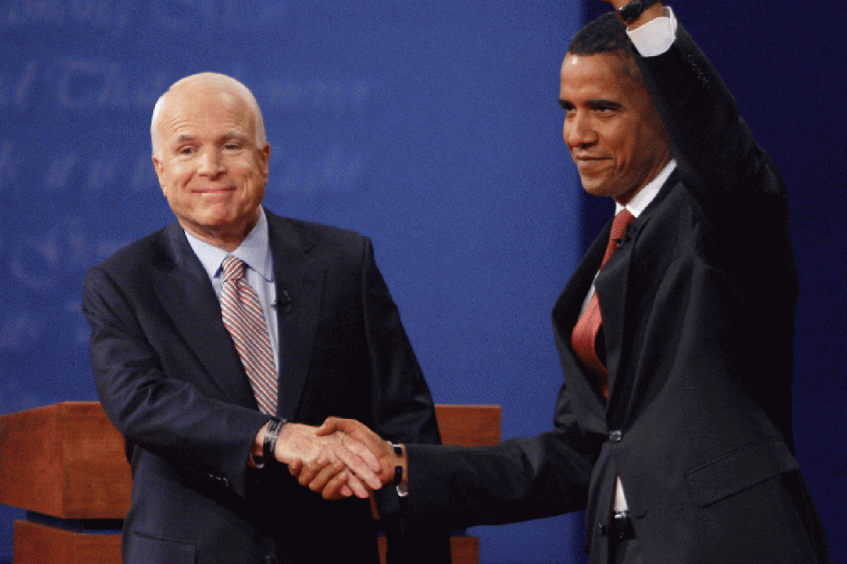 Sen. John McCain and Sen. Barack Obama at last month's presidential debate.