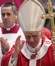 REMEMBERING PASTORS. Pope Benedict XVI waves as he leaves after celebrating Mass Nov. 4 in St. Peter's Basilica at the Vatican for cardinals and bishops who died in the past year. In his homily, the Pope said that the Christian focus on heaven is to be balanced with fully carrying out one's responsibilities with a healthy detachment and adequate rest. 