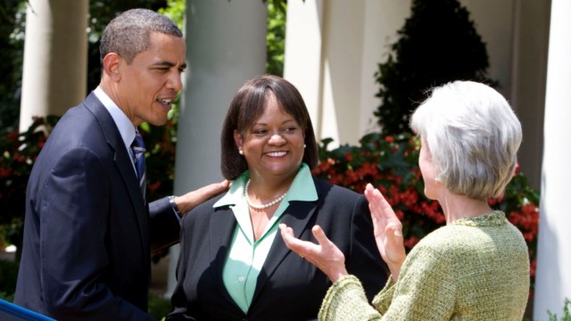 President Obama and Secretary of Health and Human Services Kathleen Sebelius with Dr. Regina Benjamin (c) yesterday in the Rose Garden at the White House.