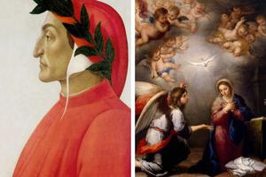 Left to right: posthumous portrait of Dante in tempera by Sandro Botticelli, 1495; The Annunciation by Murillo, 1655-1660

