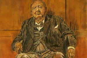 This 1979 “sand painting” attempts to reproduce Sutherland's painting of Churchill, “a remarkable example of modern art”. Lady Churchill had the original destroyed.
