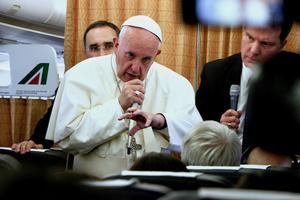 Pope Francis speaking to reporters on the papal plane from Cairo, April 29, 2017.