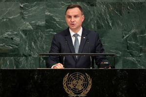President Andrzej Duda addresses the U.N. General Assembly Sept. 19, 2017, in New York. He said last October he would sign into law a bill banning eugenic abortion.