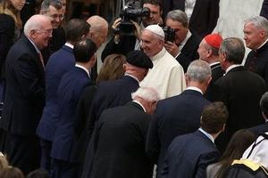Pope Francis greets Vice President Joe Biden and others at Vatican conference April 29.