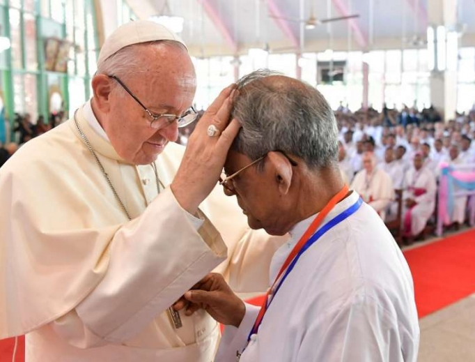 Pope Francis listens to testimonies during a meeting with priests, religious and seminarians in Dhaka, Bangladesh, Dec. 2.