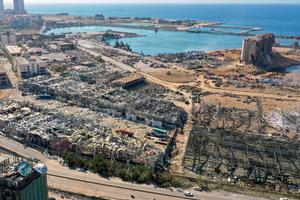 An aerial view shows the massive damage done to Beirut port’s grain silos and the area around it today, one day after a mega-blast tore through the harbor in the heart of the Lebanese capital with the force of an earthquake, killing more than 100 people and injuring more than 4,000.