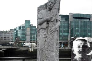 The statue of Ven. Matt Talbot near Matt Talbot Bridge in Dublin, with the only known photo of Talbot (inset), which was taken in the early 1920s.
